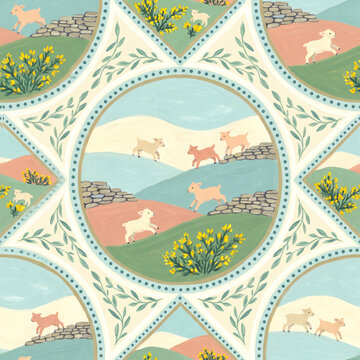 Seamless pattern featuring cute lambs jumping in rolling hills with stone walls and yellow gorse flowers in a whimsical hand painted folk art style perfect for nursery textile design