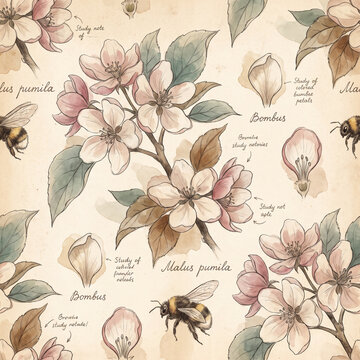 Vintage botanical illustration pattern featuring delicate apple blossoms and bumblebees on aged parchment paper with handwritten scientific notes for a classic natural history aesthetic