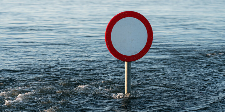 A red and white circular sign submerged in water, with ripples indicating movement. The sign is partially obscured by the rising water level, creating a sense of unease and caution