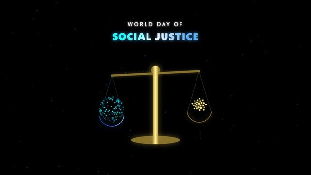 Day of social justice concept with golden scales of equality motion background.