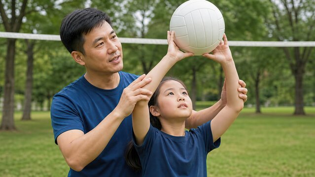Asian father teaching his daughter to play volleyball in park. Girl holding ball above head while man helps her technique. Family sport activity and active childhood concept.