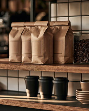 Cafe Retail Shelf With Bean Bags And Tumblers