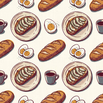 Seamless pattern featuring hand drawn avocado toast with boiled eggs and coffee cups in a vintage comic book halftone style perfect for restaurant menus and culinary food packaging design