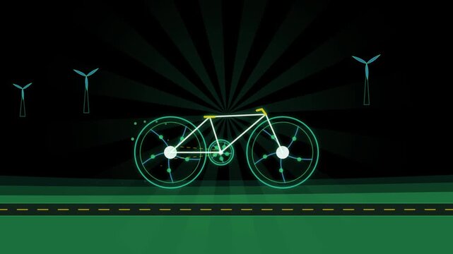 Sustainable green energy concept: animated bicycle with wind turbines and Motion background.