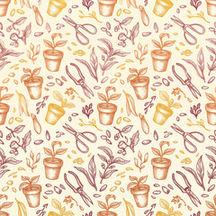 Obraz premium Seamless pattern featuring hand drawn garden elements like potted seedlings and pruning shears in a vintage engraved style for organic farming and sustainable lifestyle branding