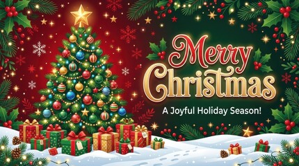 Obraz premium Merry Christmas and a Joyful Holiday Season with decorated tree and gifts