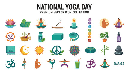 Naklejka premium National Yoga Day Premium Vector Icon Collection Featuring Wellness Symbols and Meditation Poses for Healthy Lifestyle