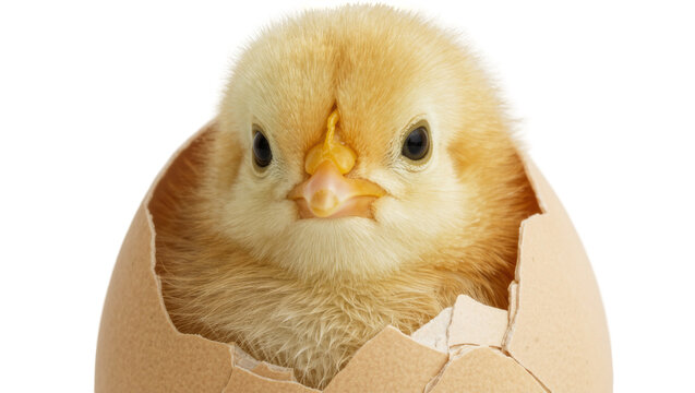 Fluffy yellow chick emerging from cracked brown eggshell, isolated on transparent background