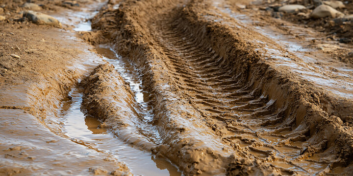 Tire tracks and puddles in mud, showing the rough terrain after rain
