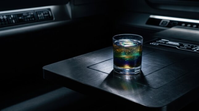 Glowing Galaxy Themed Cocktail Served in a High-Tech Spaceship Bar Lounge on a Brushed Metal Table