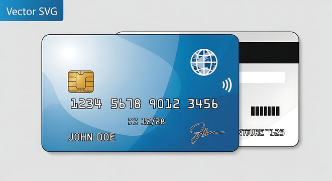 Front and back view of a blue credit card with chip with side magnetic stripe