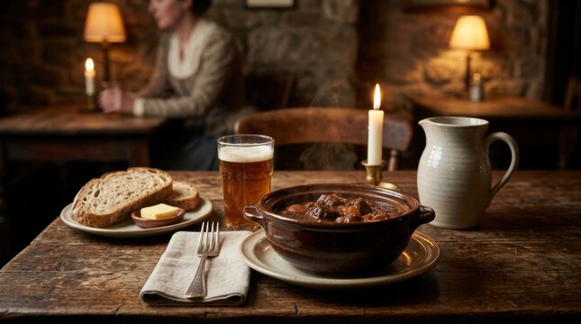 Traditional Hearty Beef Stew Served with Fresh Bread and Beer on a Rustic Wooden Table in a Cozy Pub