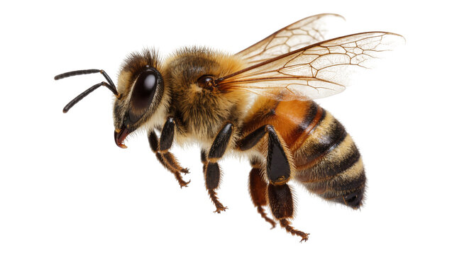 Detailed honey bee with fuzzy body and striped abdomen, isolated on transparent background