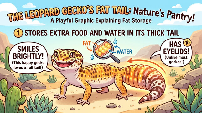 Educational Illustration of a Cute Cartoon Leopard Gecko Explaining Fat and Water Storage in its Tail