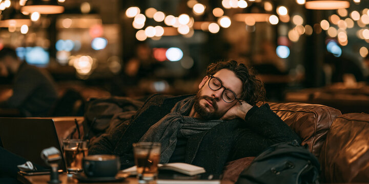 A tired man with glasses sleeping on a couch in a dimly lit room. He is wearing a scarf and a jacket, and a laptop and drinks are on the table in front of him