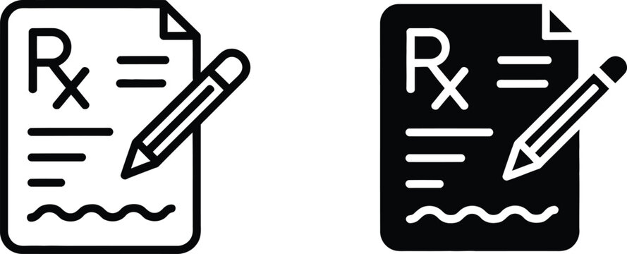 Medical Rx prescription pad form icon set showing paper document sheet with pencil writing healthcare instructions vector illustration