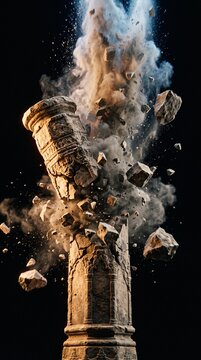 Ancient stone pillar exploding into fragments with cinematic dust particles under dramatic warm golden lighting