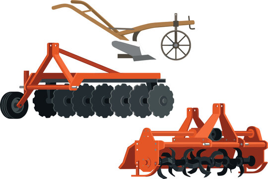 Agricultural Machinery Attachment Vector Set with Traditional Plow Disc Harrow and Rotary Tiller for Modern Farming and Cultivation Designs