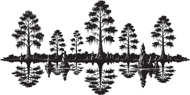 Swamp cypress trees silhouette landscape with water reflection black monochrome nature artwork for print and creative projects.