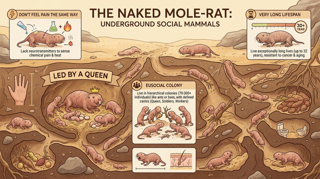 Educational Infographic of Naked Mole-Rat Underground Eusocial Colony Life