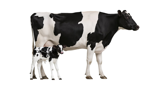 Black and white Holstein cow with her calf, isolated on transparent background