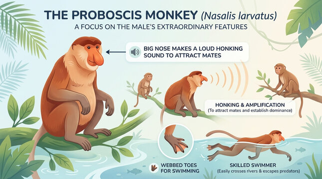 Educational Infographic of Proboscis Monkey Nasalis Larvatus Showing Unique Male Features and Behavior