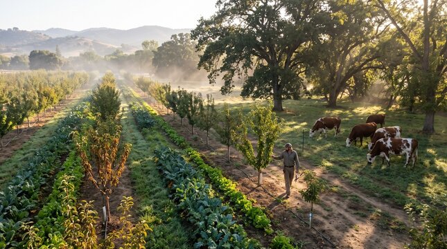 Farmer inspecting organic crops in misty orchard with grazing cattle