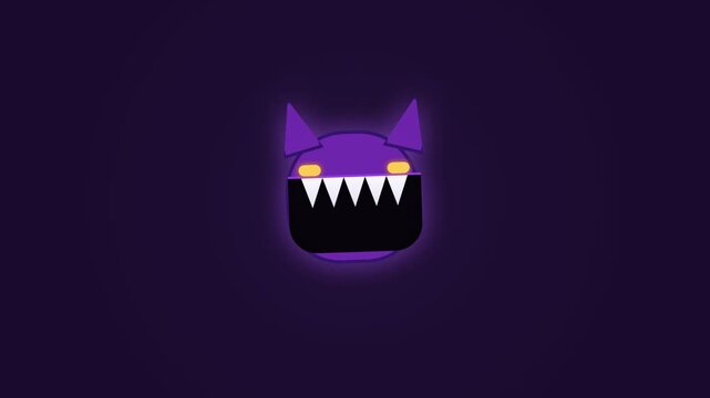 A sinister purple creature displays sharp teeth and glowing yellow eyes as it peers through the darkness of a deep void to represent a playful yet eerie feeling for various creative digital