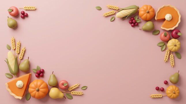 Thanksgiving harvest food border with pumpkin pie on a pink background