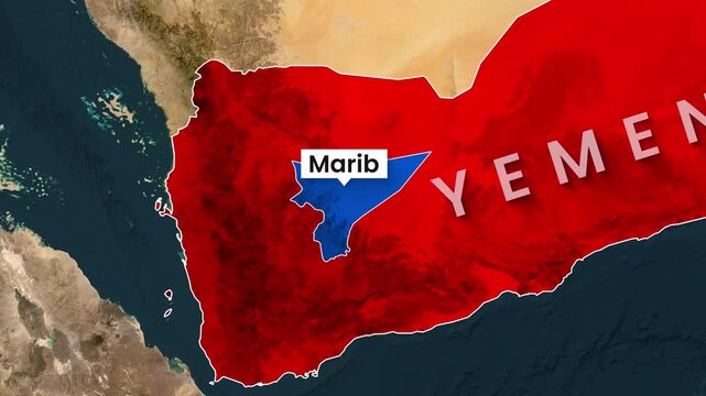 Animated map shows Yemen region Marib highlighted in blue motion footage