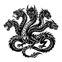 Fototapeta premium Mythical Hydra Dragon Tattoo Design, Black Silhouette