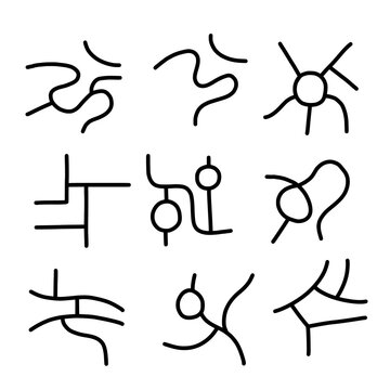 Hand drawn set of road elements with curved streets, winding routes, intersections, junctions and roundabouts in simple black line style isolated on white background.