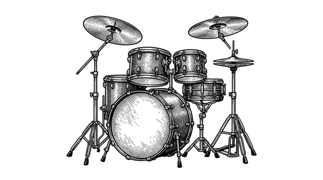 Detailed drum kit set with cymbals and hardware.
