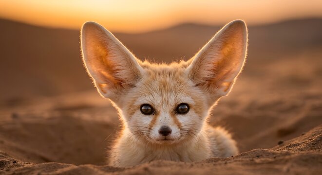 a fennec fox's face in warm desert dusk light