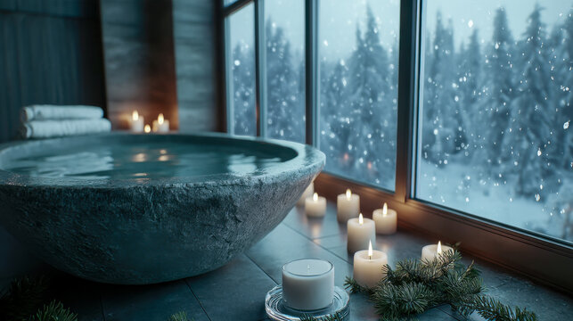 Cozy winter spa bathroom with stone tub, candles, and snowy forest view