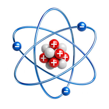 Atomic structure model with electrons orbiting nucleus containing protons and neutrons on white background.