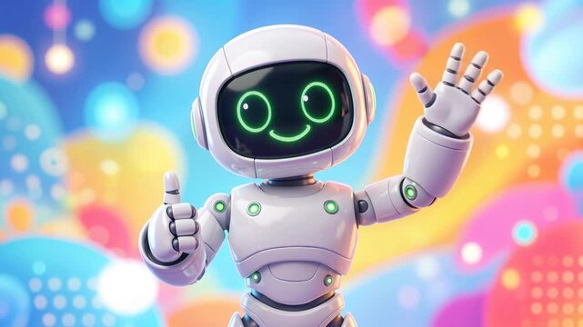 Cute white robot character with bright green eyes, waving and giving thumbs-up, cheerful animation, smooth 3D style, welcoming expression, 4K video