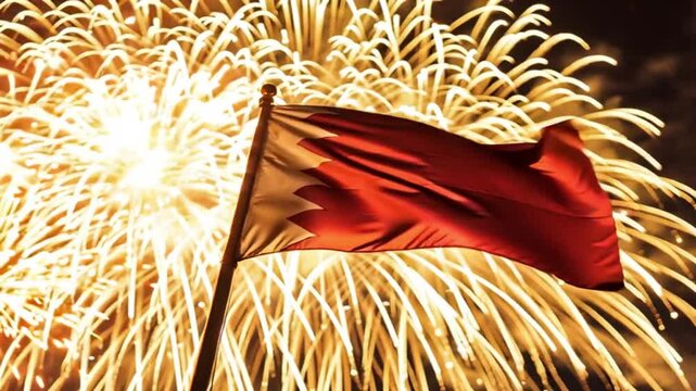 Bahrain flag waving against golden fireworks at night