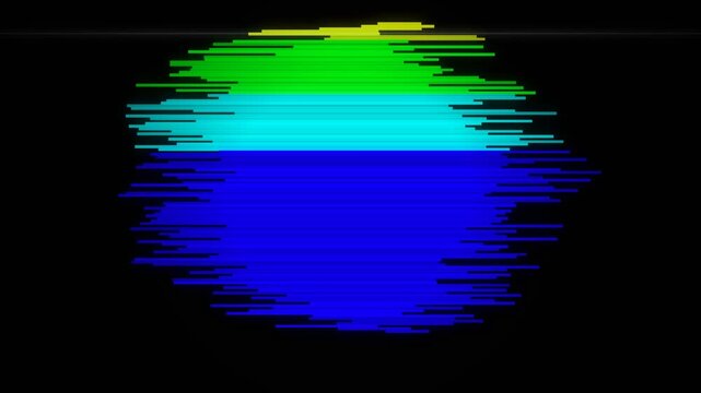Glitch effect sphere composed of vibrant green and blue scanlines glows on a dark background.