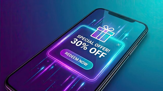 Smartphone displaying neon special offer discount coupon.