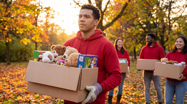 A volunteer lifts a donation box filled with toys during a Giving Tuesday autumn event, representing strength and hope for charity fundraising campaigns.