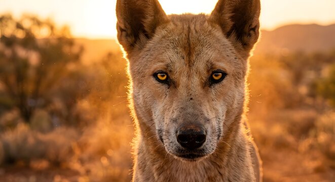 a dingo's face in golden outback dust at sunset