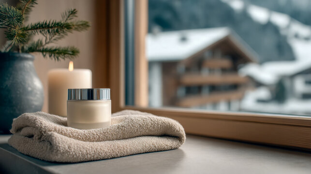 Cosmetic cream jar on a towel by the window with winter snowy chalet view and candle