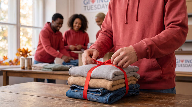 Volunteer hands tie a red ribbon around folded children's clothes for Giving Tuesday, conveying care and generosity in a holiday donation campaign.