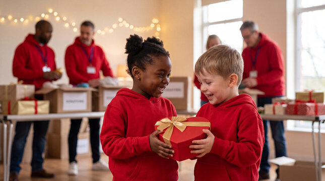 Two happy child volunteers hold a heart-shaped gift box together at a Giving Tuesday event, sharing love and joy for holiday donation campaigns.