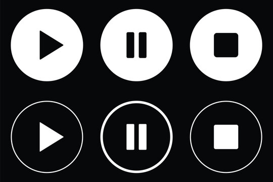 Play pause stop buttons, audio video playback symbols, modern flat interface elements, media control icons. Modern user interface symbols for recording, streaming platforms and mobile applications.