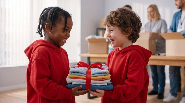 Two child volunteers hold folded clothes tied with ribbon for Giving Tuesday, showing care and helpfulness in holiday donation campaigns.