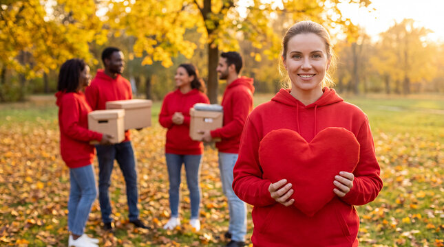 Volunteers gather outdoors with donation boxes and a large red heart prop for Giving Tuesday, celebrating community generosity in an autumn campaign.