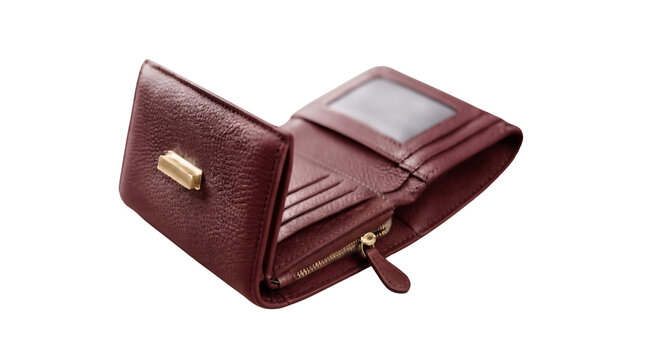 Burgundy leather wallet with gold hardware, elegant bifold purse with card slots, luxury fashion accessory for personal finance isolated PNG with Transparent Background