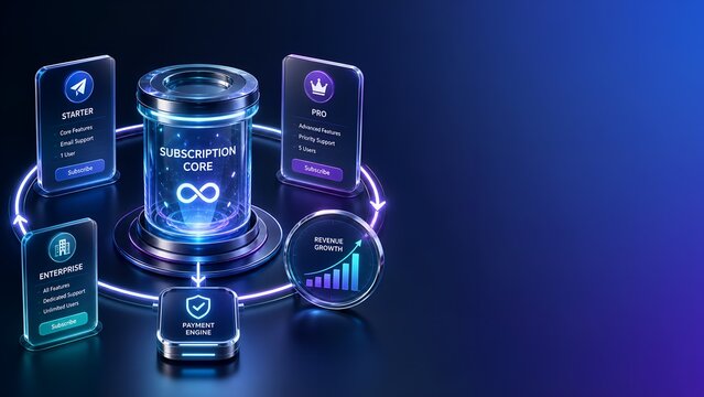Cylindrical metallic object with glowing core and surrounding subscription plan displays 3d render cylinder digital